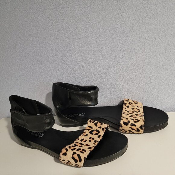 Genuine Leather Animal Print Sandals Black Beige Ankle Strap Size 8/38 - Picture 1 of 12
